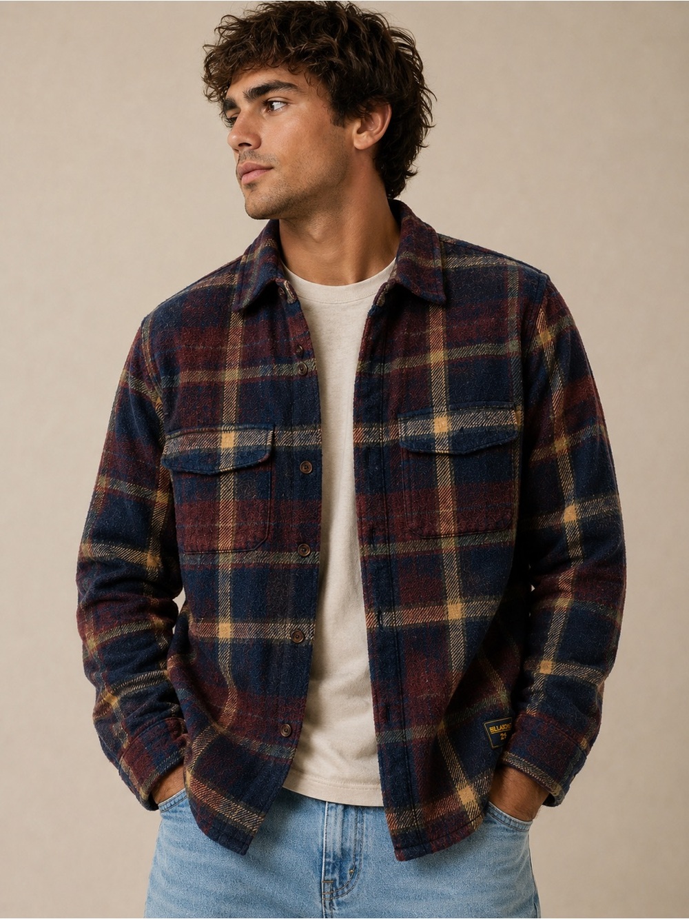 Billabong Navy, Burgundy & Tan Plaid Overshirt